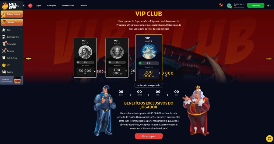 O programa VIP Hell Spin tem 12 níveis, cada um com prêmios e privilégios