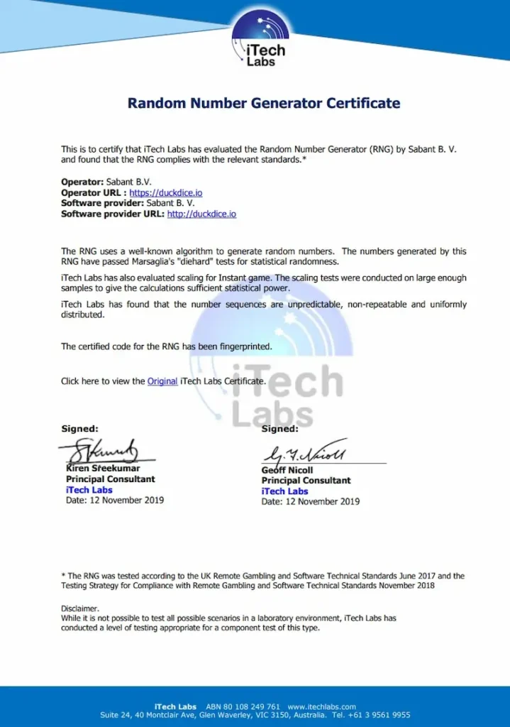 Certificado iTech Labs do Duck Dice