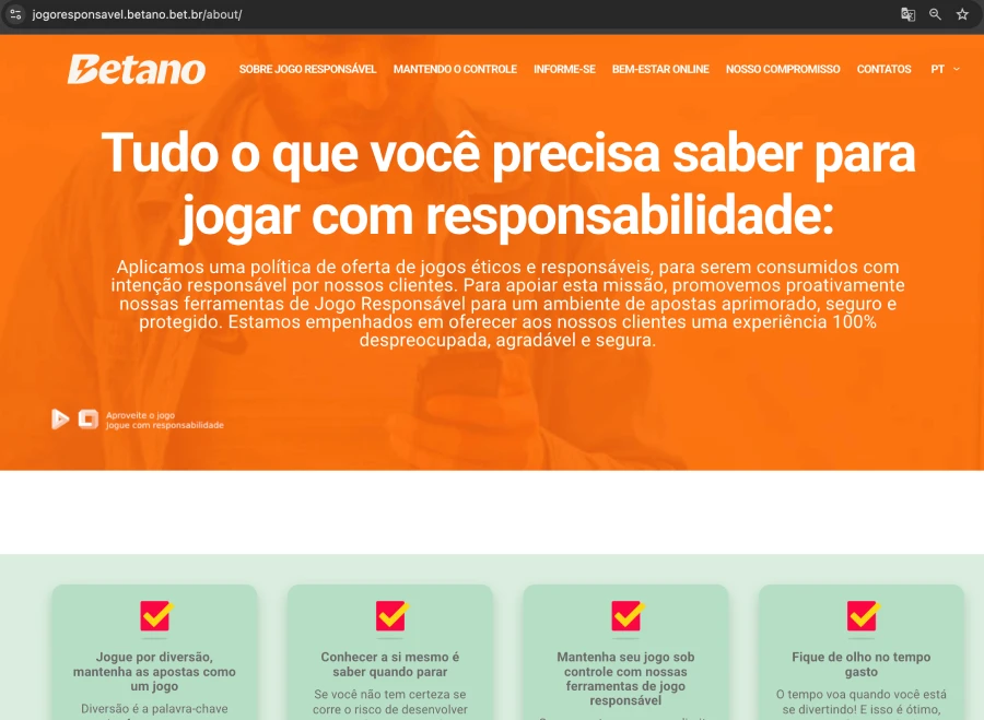 Página exclusiva da Betano com práticas de como Jogar com Responsabilidade.