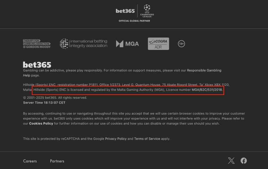 Logo da MGA e o número de licença no rodapé do site do cassino Bet365.