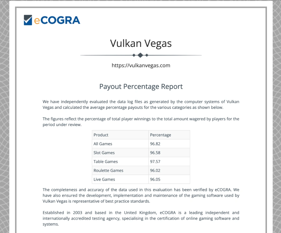 Certificado do eCOGRA disponível no site do Vulkan Vegas