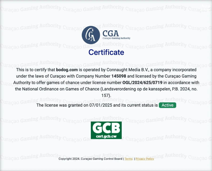 Licença ativa GCB do cassino Bodog.
