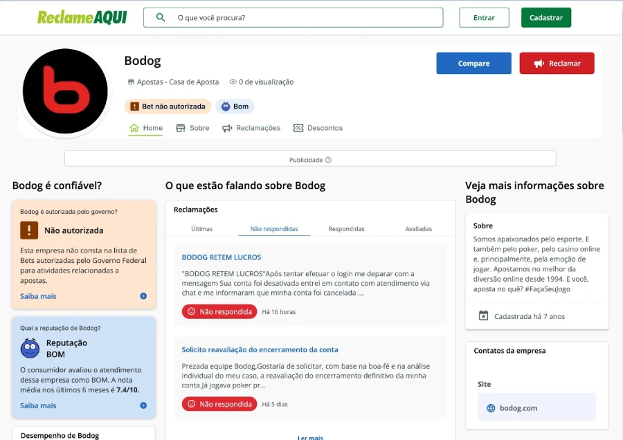 Perfil do Bodog no Reclame Aqui