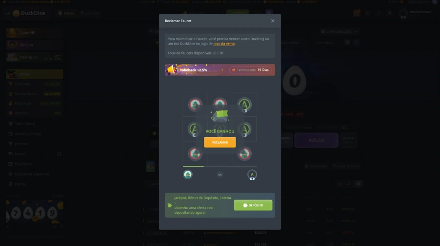 Faucet com jogo da velha do cripto cassino DuckDice