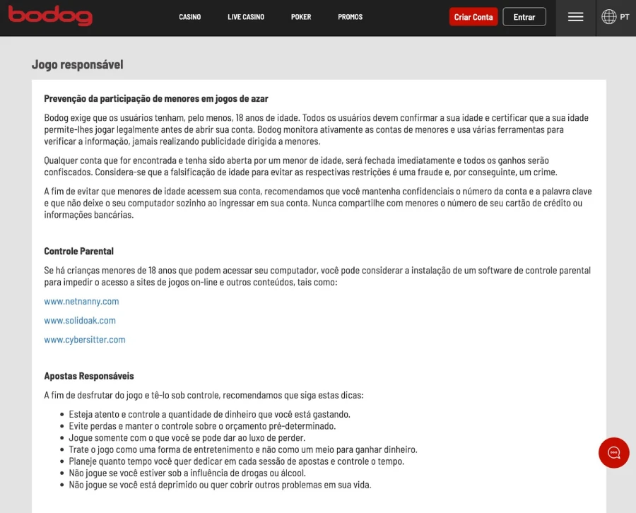 Página de Jogo Responsável em Bodog cassino