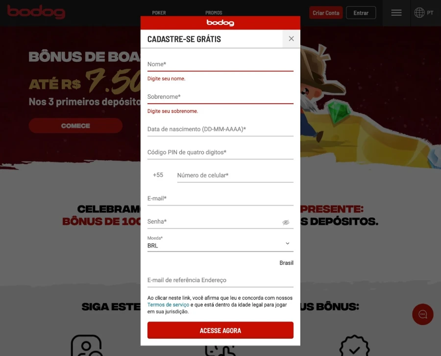 Registro de conta em Bodog cassino