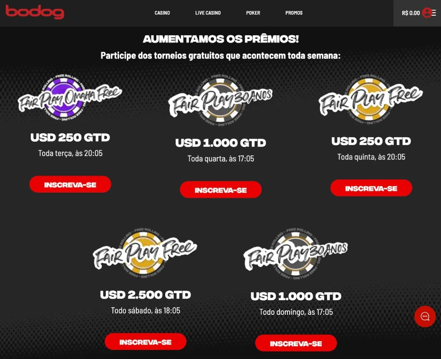 Torneios de pôquer disponíveis