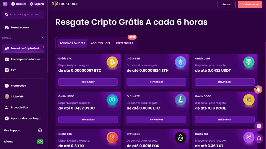 TrustDice cripto cassino com faucet a cada 6 horas.