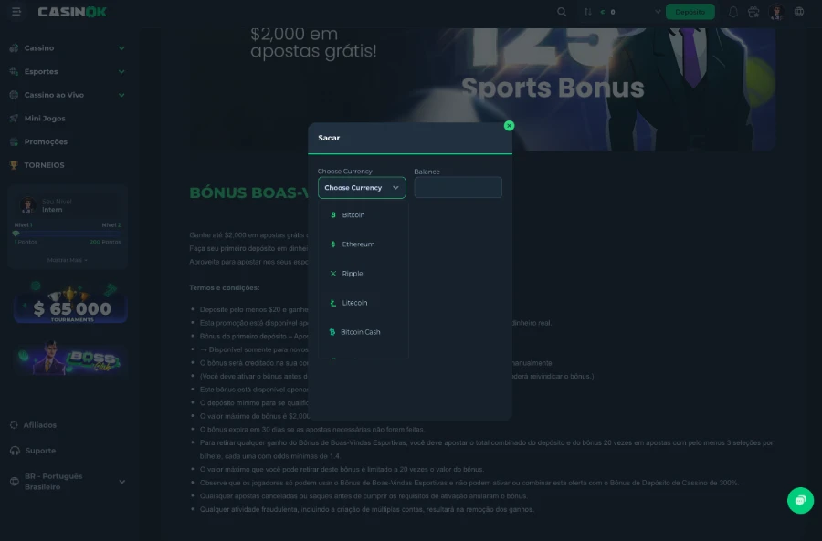 Opções para sacar dinheiro no CasinOK