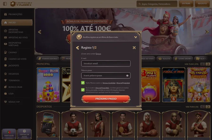 Processo para abrir conta no ViciBet