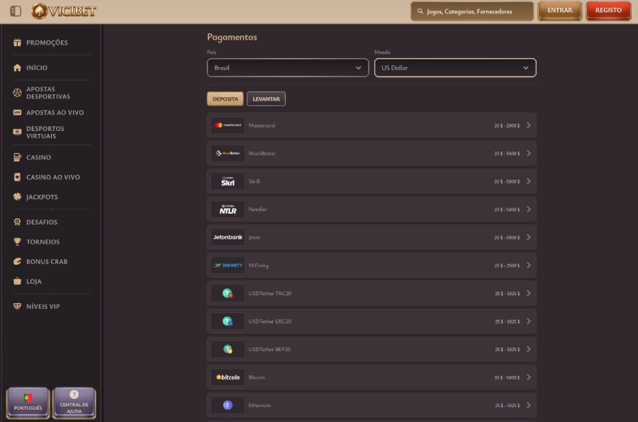 Opções de depósito disponíveis no ViciBet